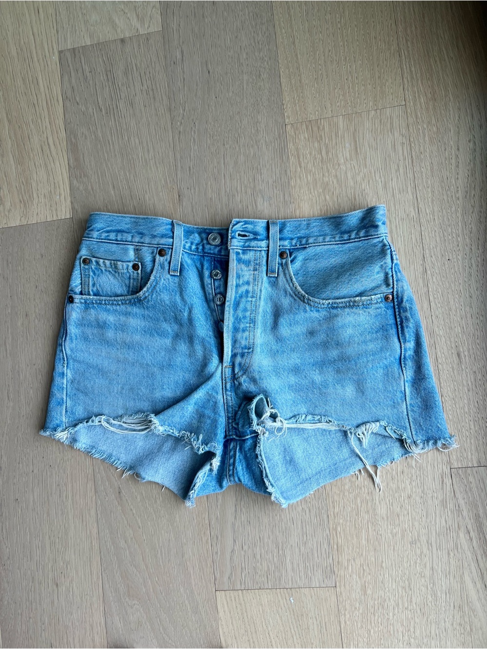 Levi's Light Blue Distressed High-Rise Denim Shorts